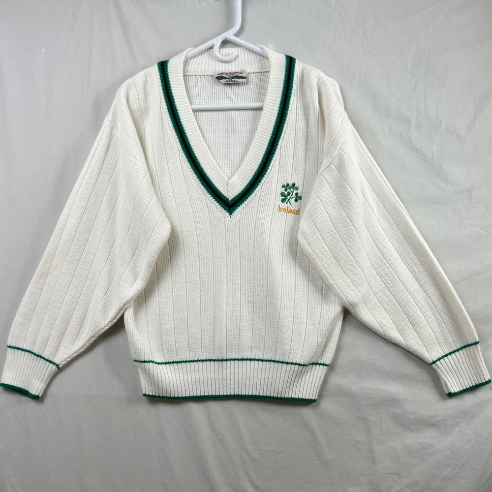 Vintage Celtic Country V-Neck Sweater Mens L White Green Ireland Cricket Knit